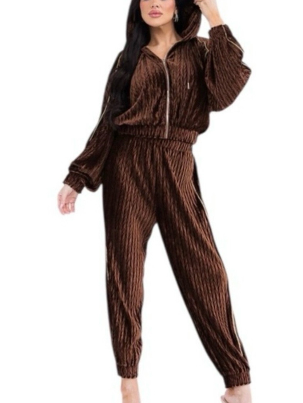 Love Den Boutique  Brown Velvet Textured Zip-Front Women's Jumpsuit